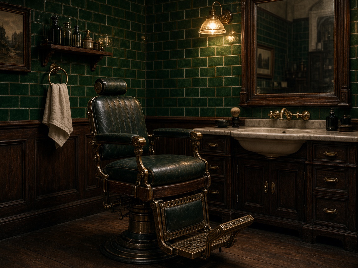 Antique barber chair against green tiles