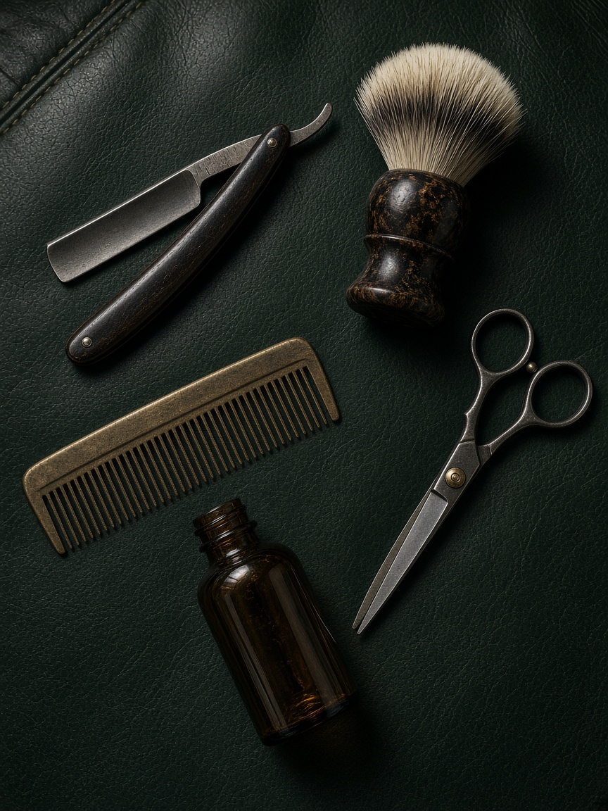 Vintage barber tools on green leather